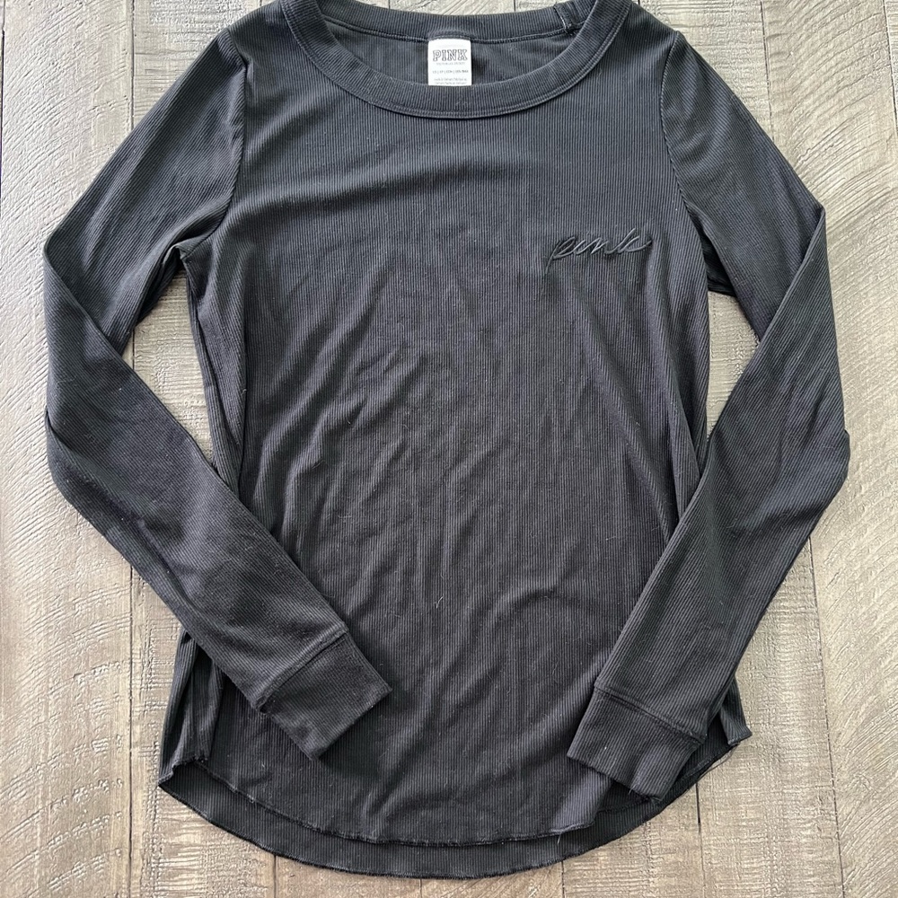 PINK Victoria's Secret Black Ribbed Long Sleeve Tee